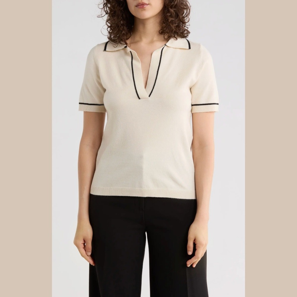 Max Studio Womens Large‎ Johnny Collar Polo Sweater Ivory Knit Top Preppy NEW